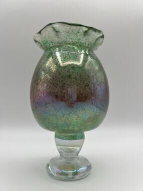 Terra Studios Green Iridescent Footed Vase 7” Hand Blown Art Glass Signed 1994